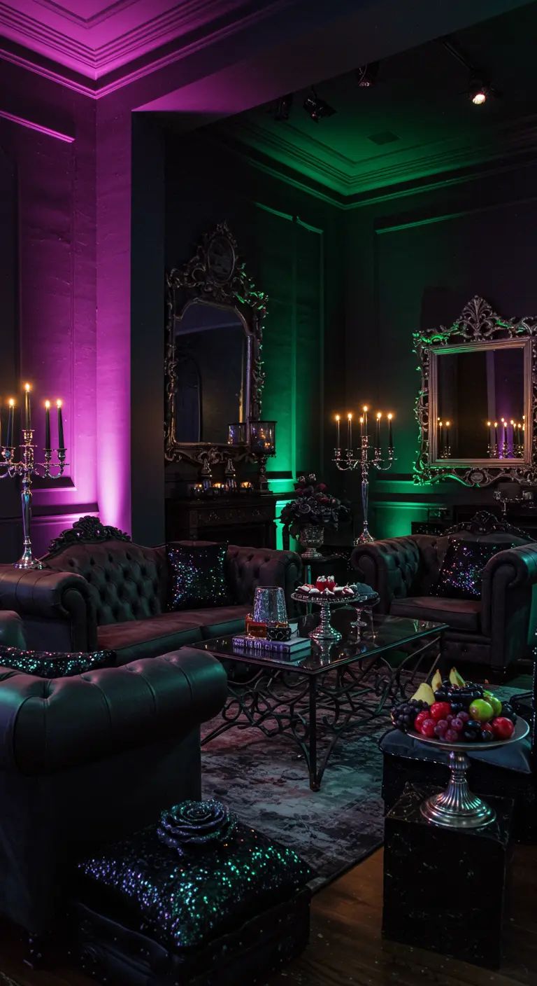 Un salon sombre et glamour avec des canapés Chesterfield noirs, des néons roses et verts, et des bougeoirs argentés.