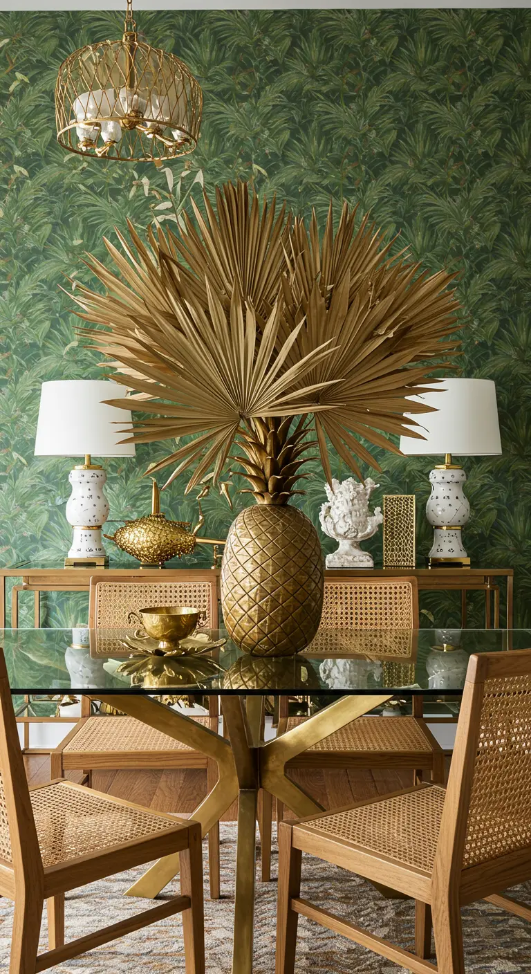 Grand ananas doré avec des feuilles de palmier dorées comme centre de table spectaculaire.