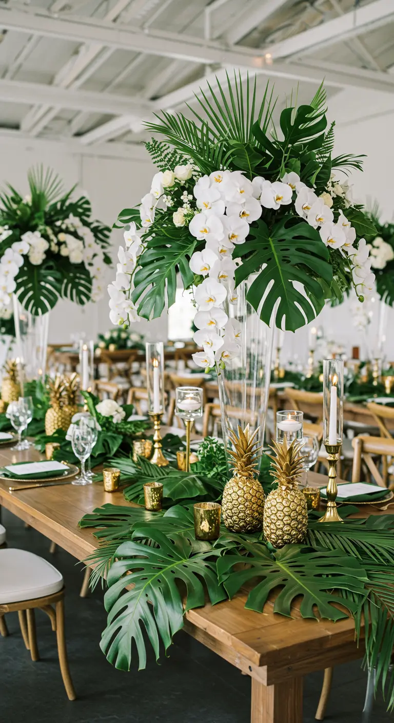 Centre de table tropical avec feuilles de Monstera, orchidées blanches et ananas dorés.