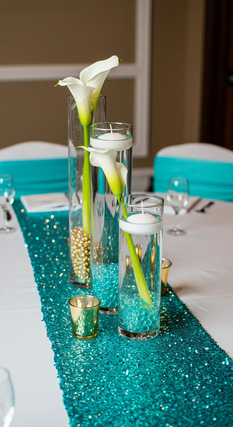 Vases hauts avec arums blancs, perles dorées et bougies sur nappe à sequins.