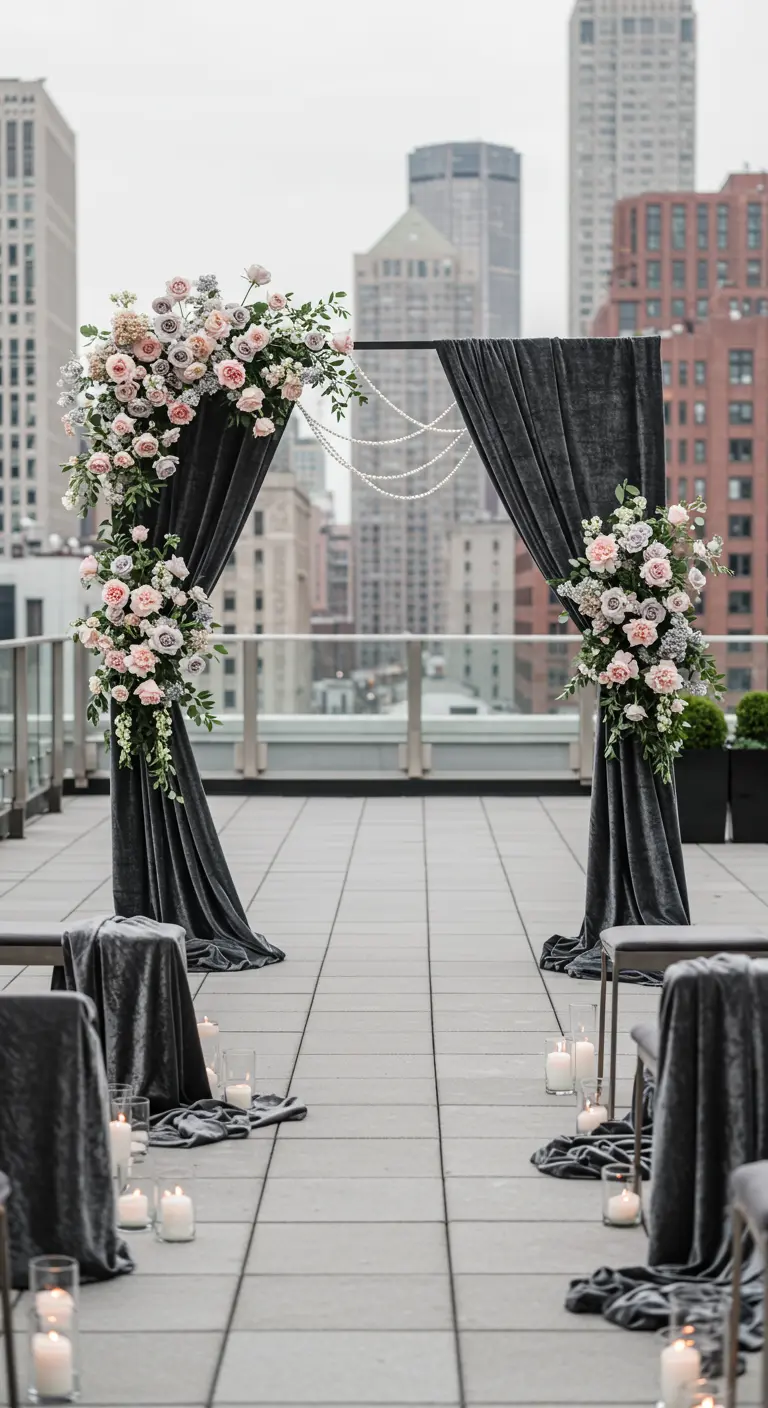 Arche sur un rooftop avec drapés velours gris, roses roses et grises, et guirlandes de perles.