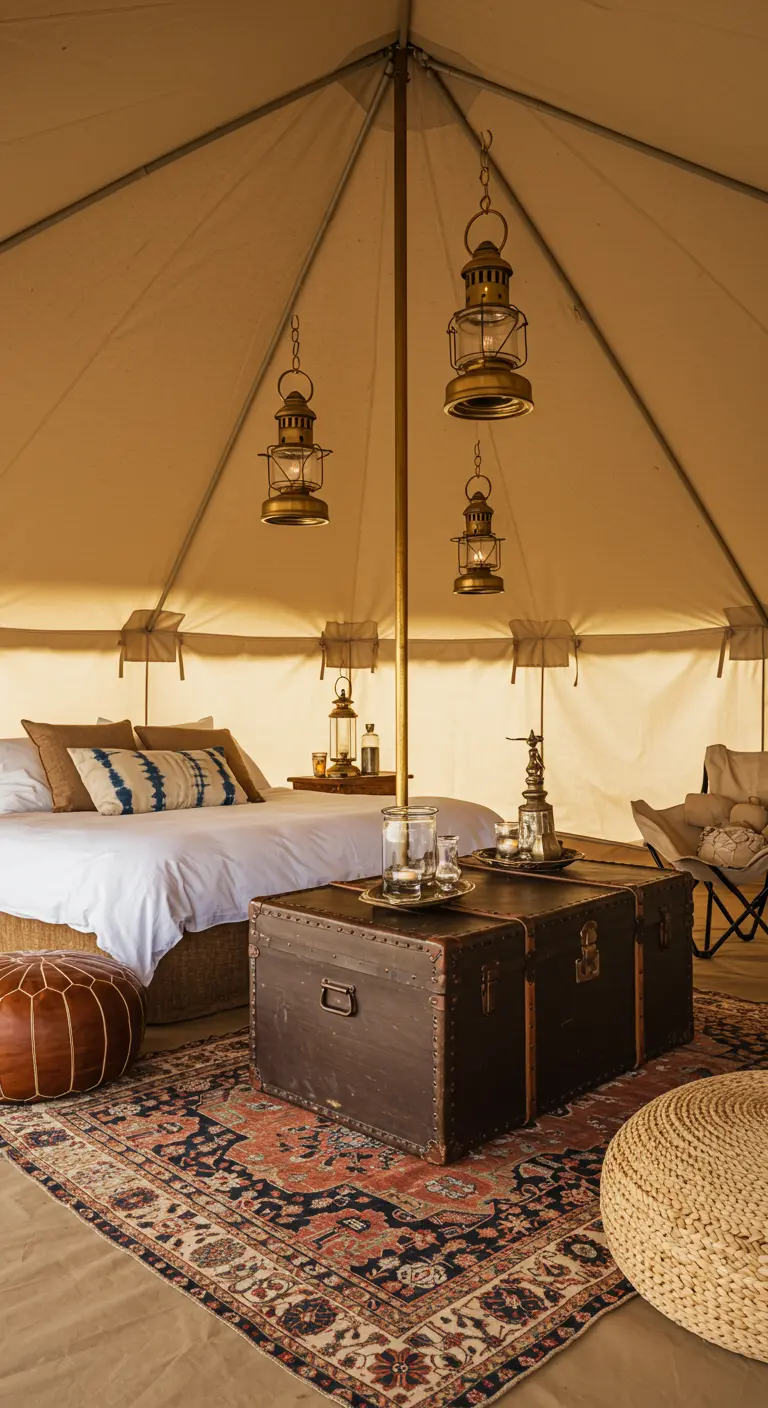 Intérieur d'une tente de glamping avec un lit, un tapis persan et des lanternes vintage.