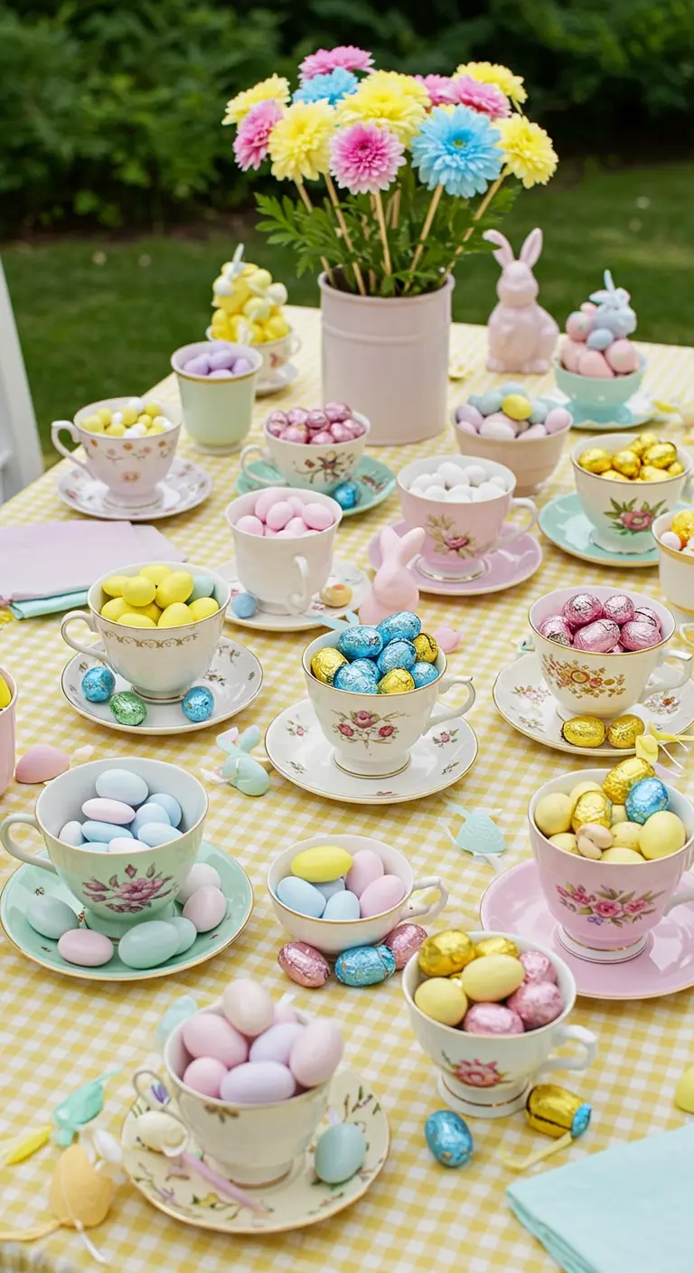 Tasses à thé vintage remplies d'œufs de Pâques en sucre colorés.