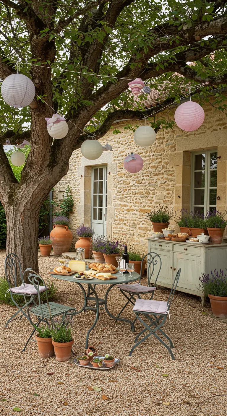 Cour de style provençal avec table de bistrot sous un arbre, lampions et pots de lavande.