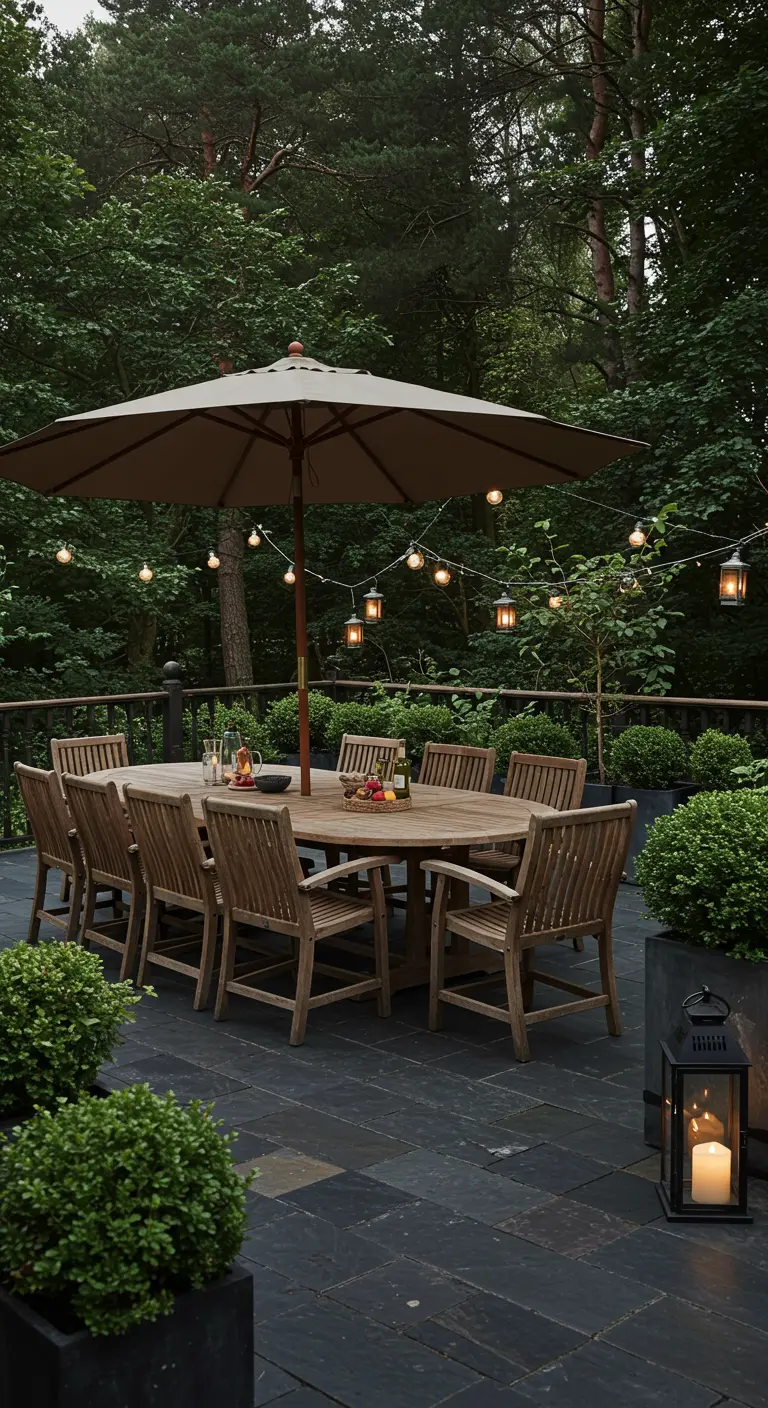 Grande salle à manger extérieure avec table ovale en bois, parasol beige et buissons.