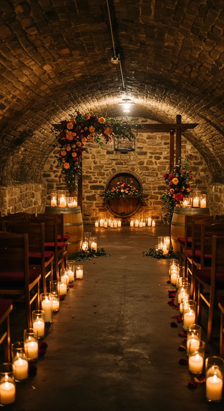 Arche florale rustique dans une cave à vin en pierre éclairée aux bougies.
