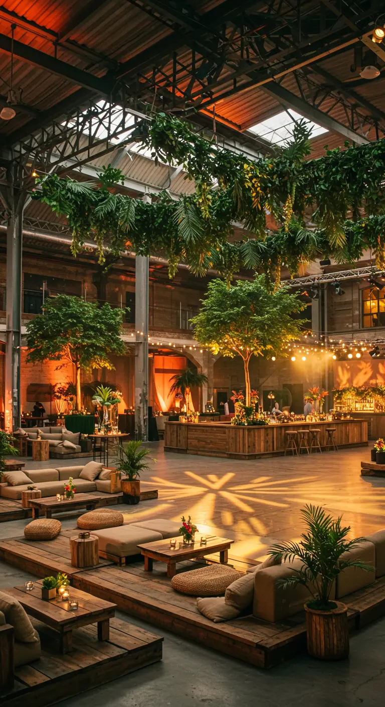 Grand espace événementiel avec plateformes en bois, canapés, plantes tropicales, et éclairage d'ambiance projeté.