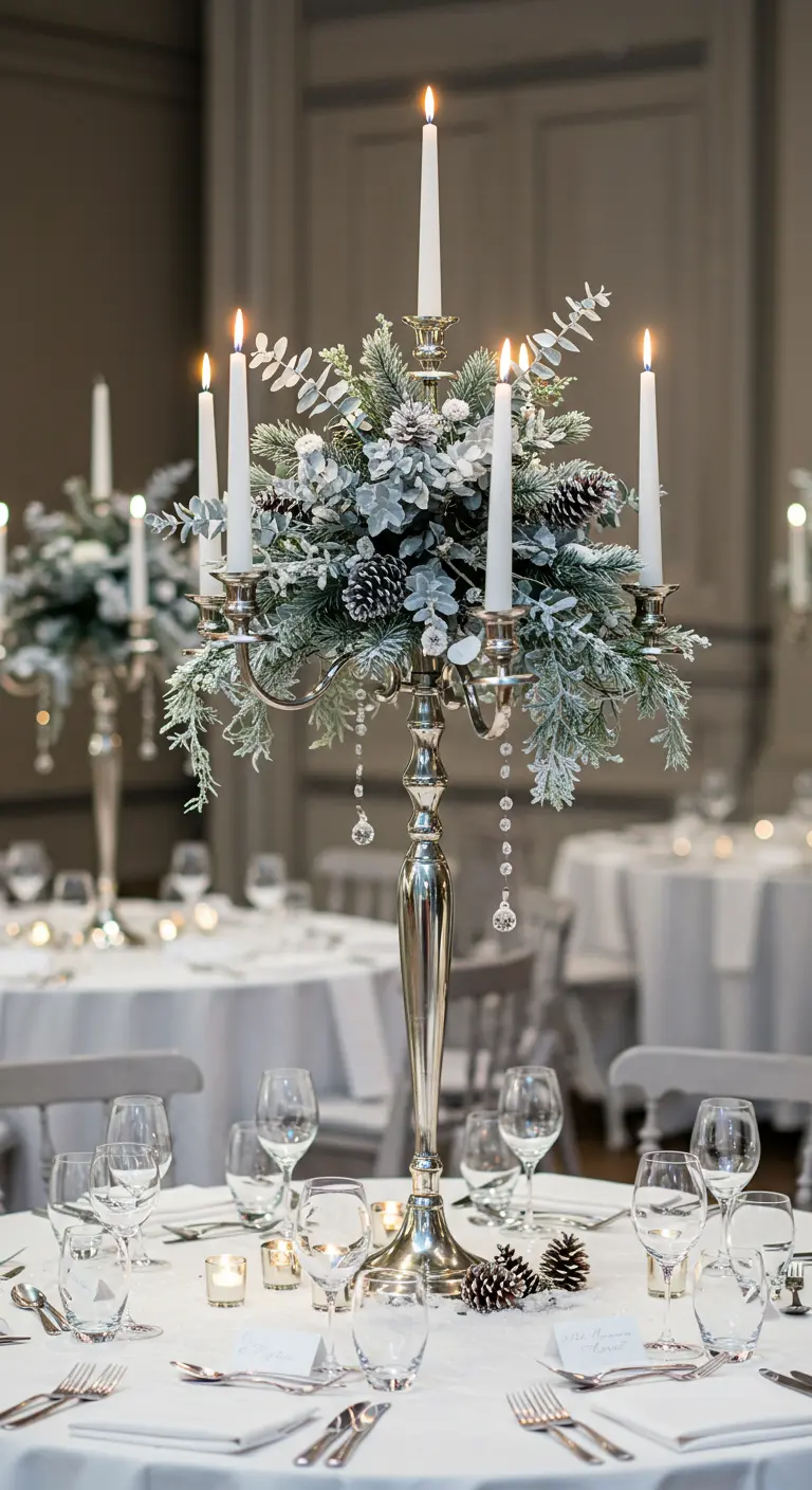 Chandelier argenté avec bougies blanches, décoré de branches givrées et de cristaux.