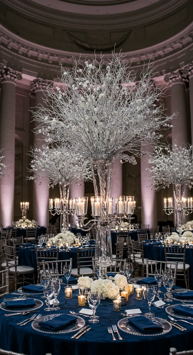 Table de mariage bleu saphir avec un grand centre de table de branches argentées scintillantes.