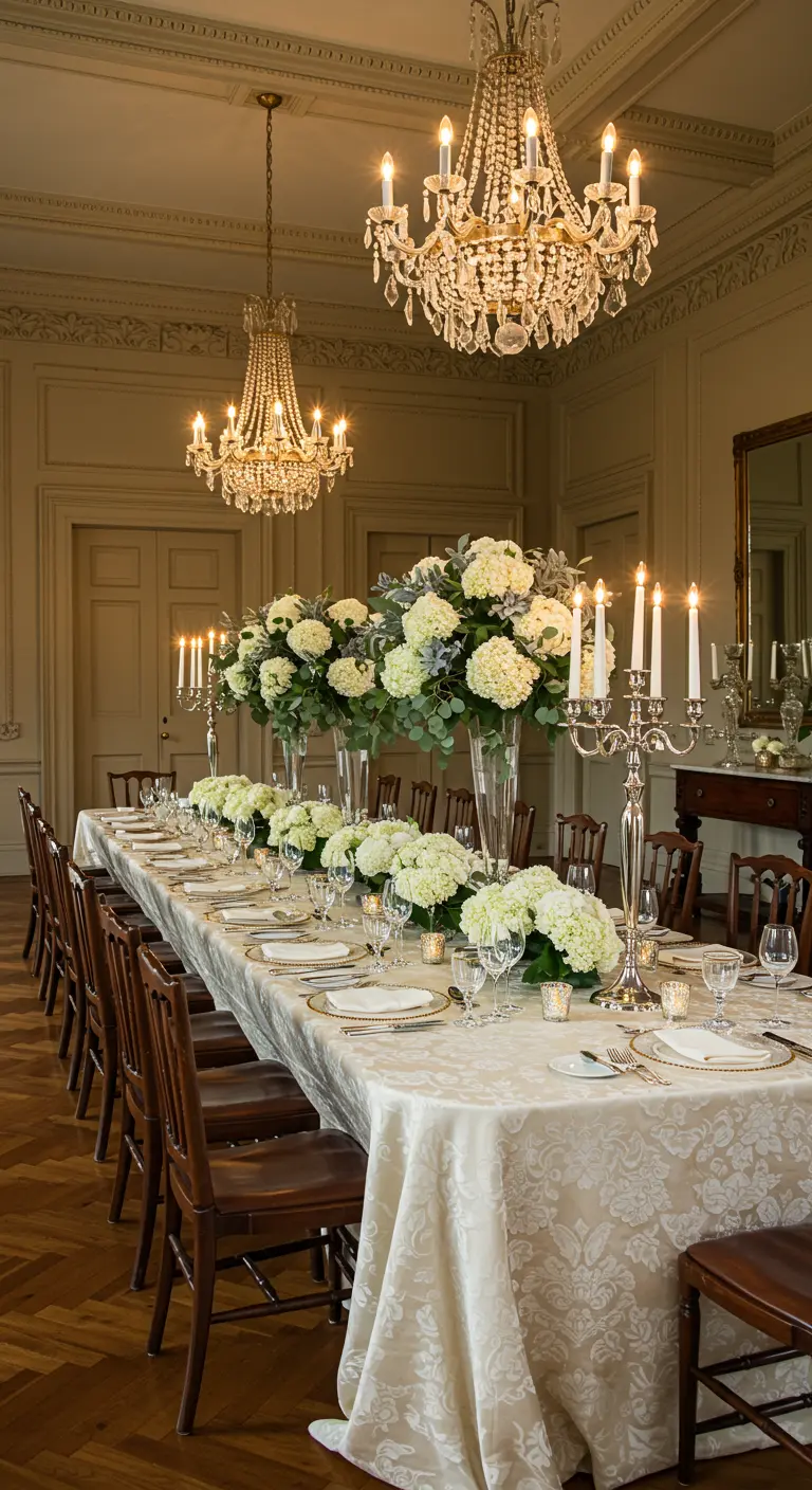 Très longue table de réception blanche et argent avec des candélabres et des bouquets d'hortensias blancs.