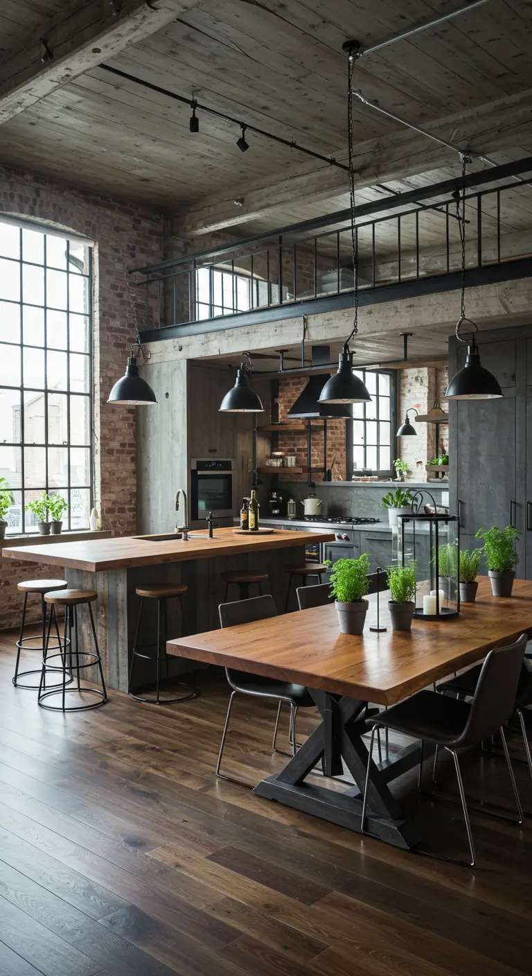 Grande salle à manger de style industriel avec une longue table en bois et des plantes en pots