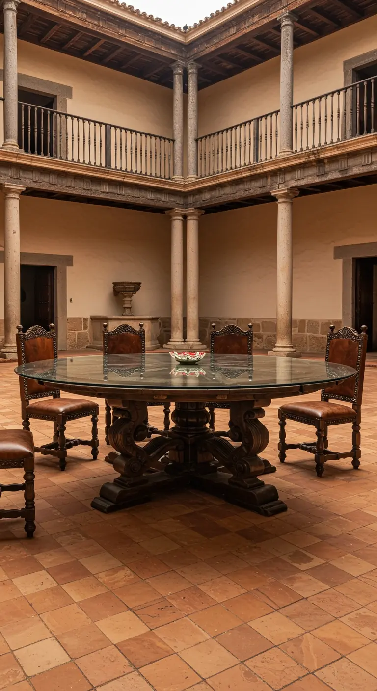 Grande table en verre avec pied en bois sculpté dans un patio colonial.