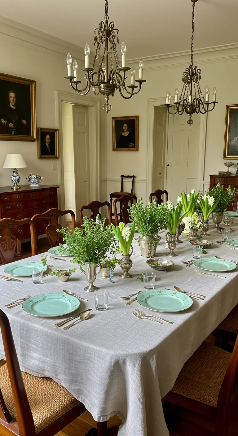 Grande table de réception avec nappe blanche, argenterie et centres de table d'herbes et de jacinthes.