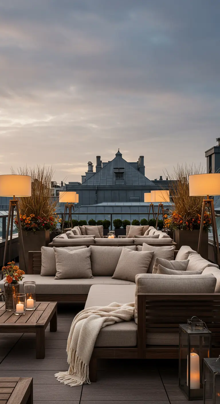 Grande terrasse sur le toit avec canapés élégants, lampadaires design, jardinières et vue panoramique.