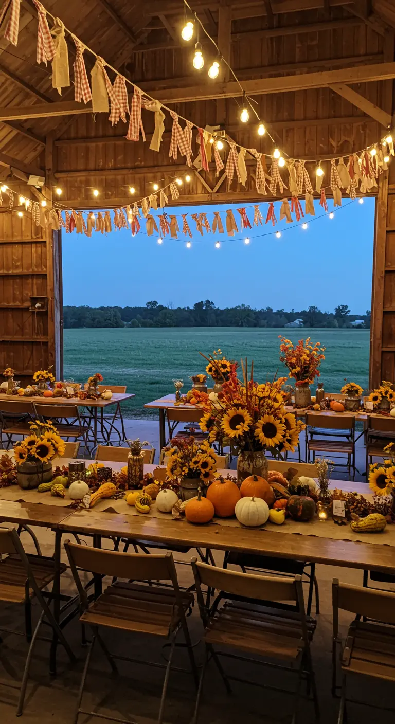 Fête dans une grange avec guirlandes de fanions, guirlandes lumineuses, tables en bois, tournesols et décorations d'automne.
