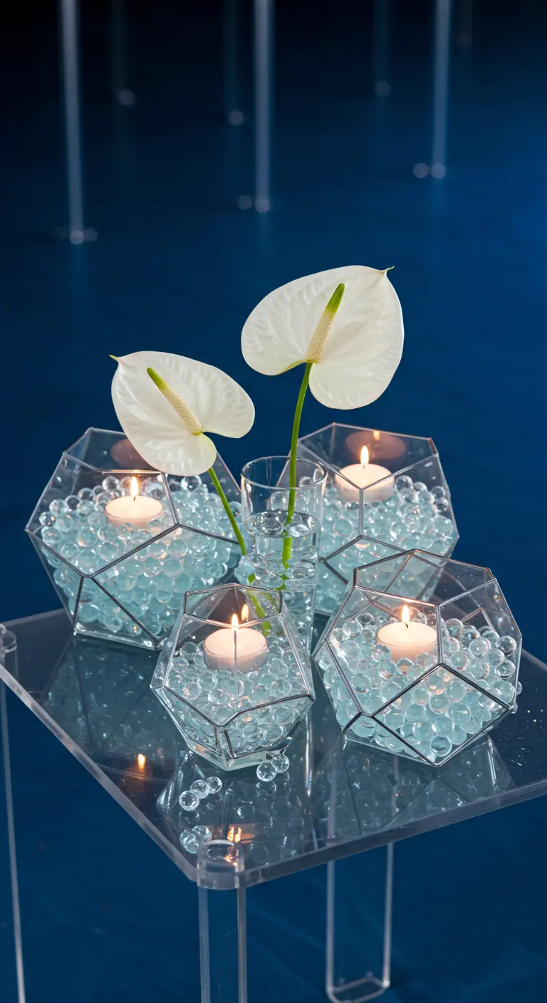 Vases géométriques avec perles d'eau bleues, anthuriums et bougies.