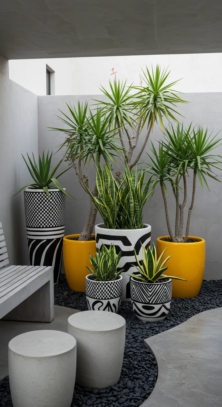 Coin de jardin moderne avec des pots jaunes et des pots à motifs géométriques noirs et blancs, contenant des yuccas.