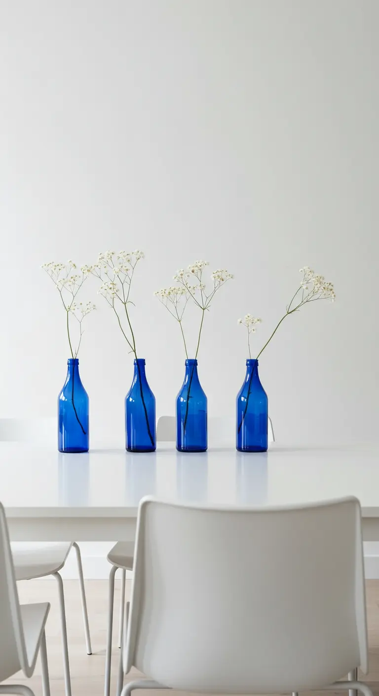 Quatre bouteilles bleues alignées avec des brins de gypsophile sur une table blanche épurée.
