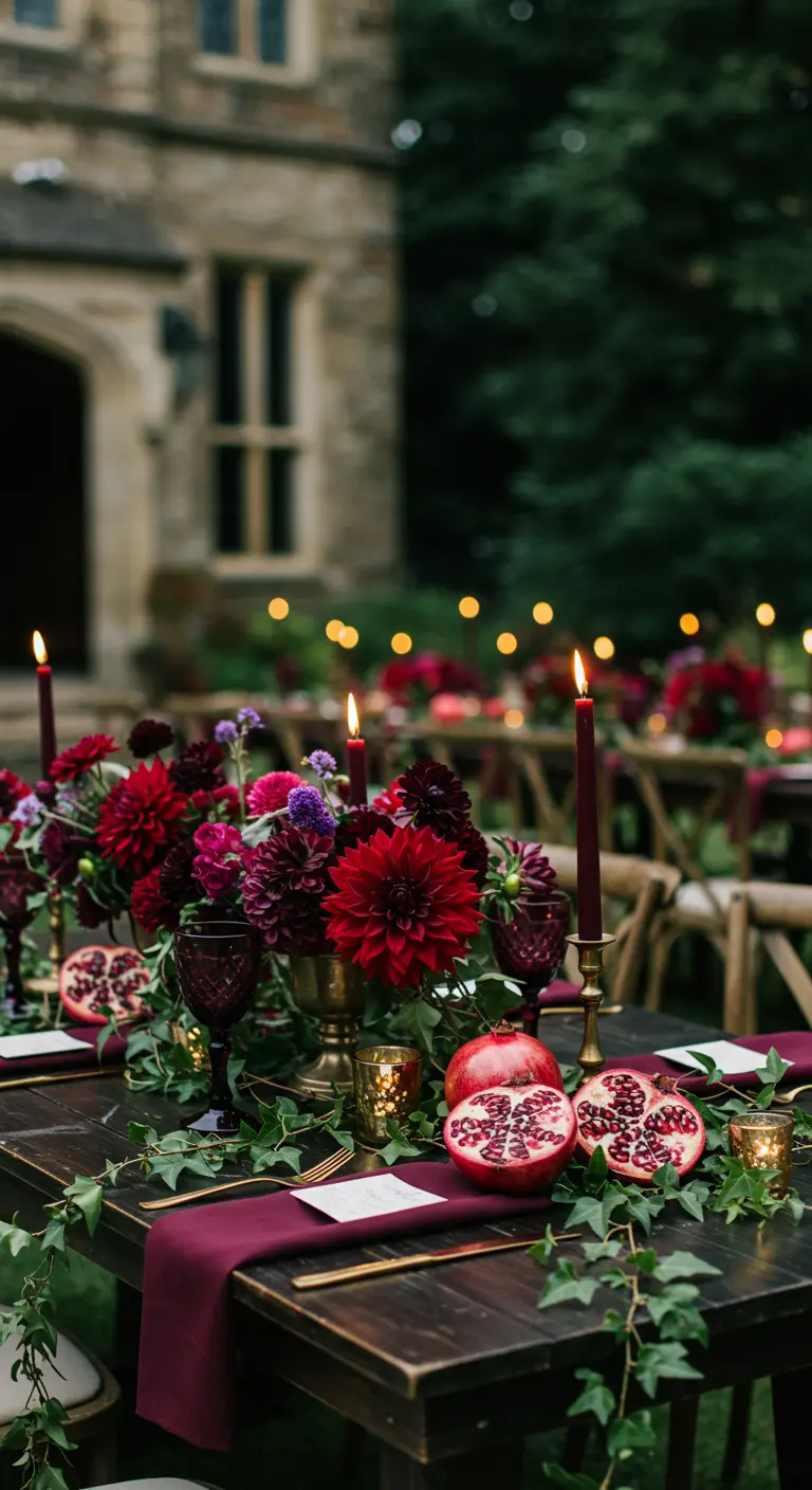 Table sombre avec des fleurs bordeaux, des bougies et des grenades coupées.