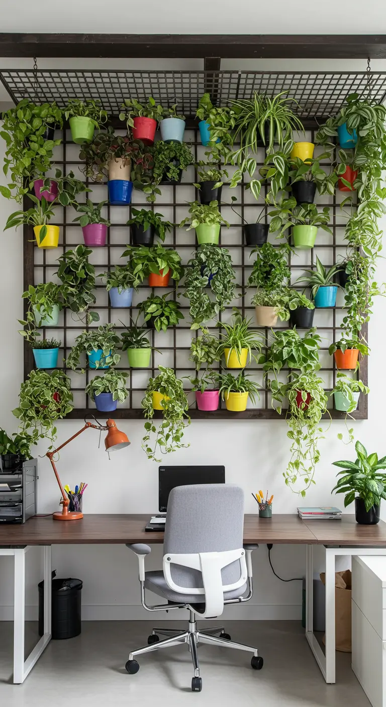 Grille murale décorée de pots colorés et de plantes vertes au-dessus d'un bureau moderne.
