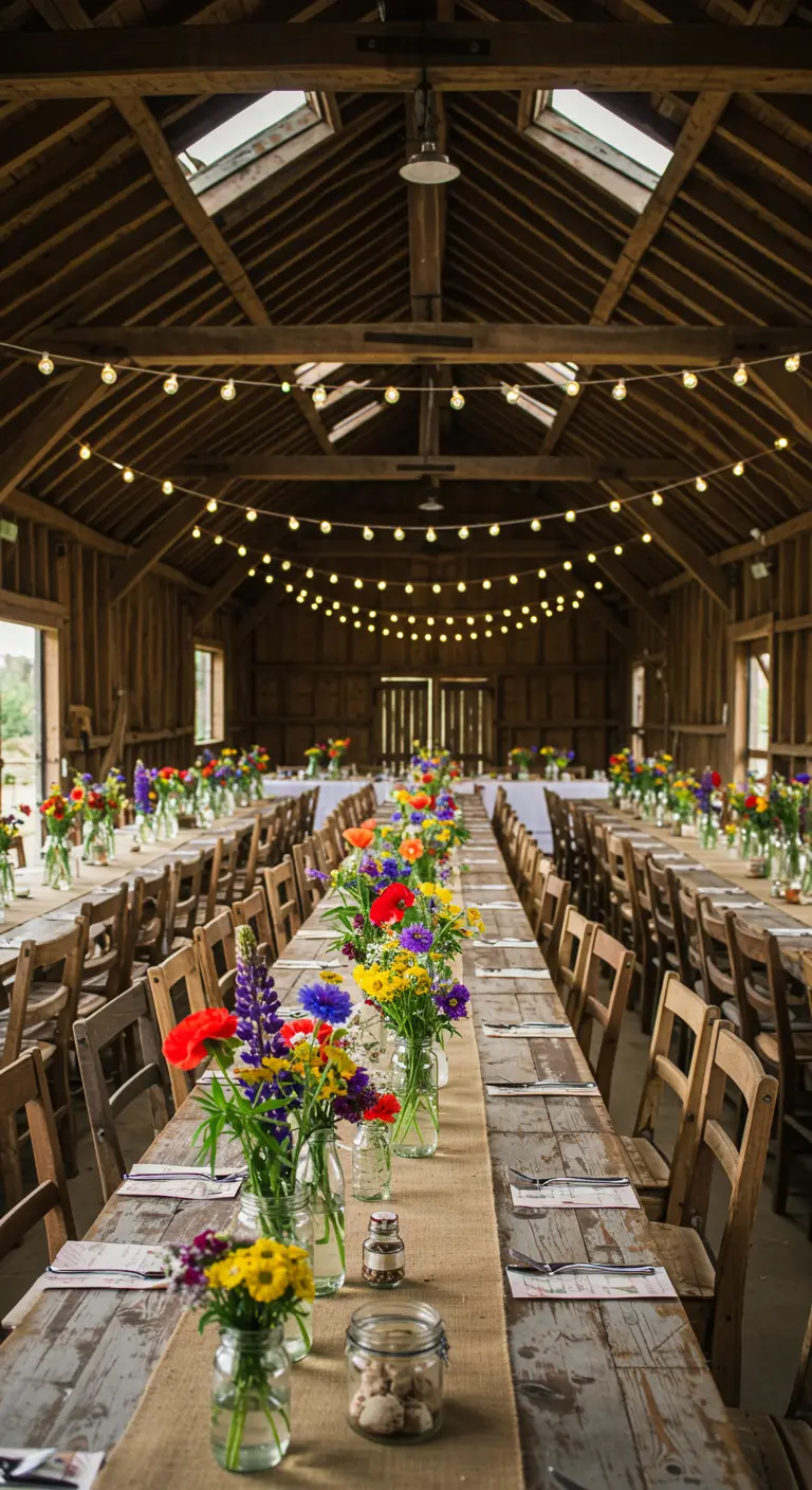 Longues tables en bois dans une grange, décorées de fleurs sauvages dans des bocaux.