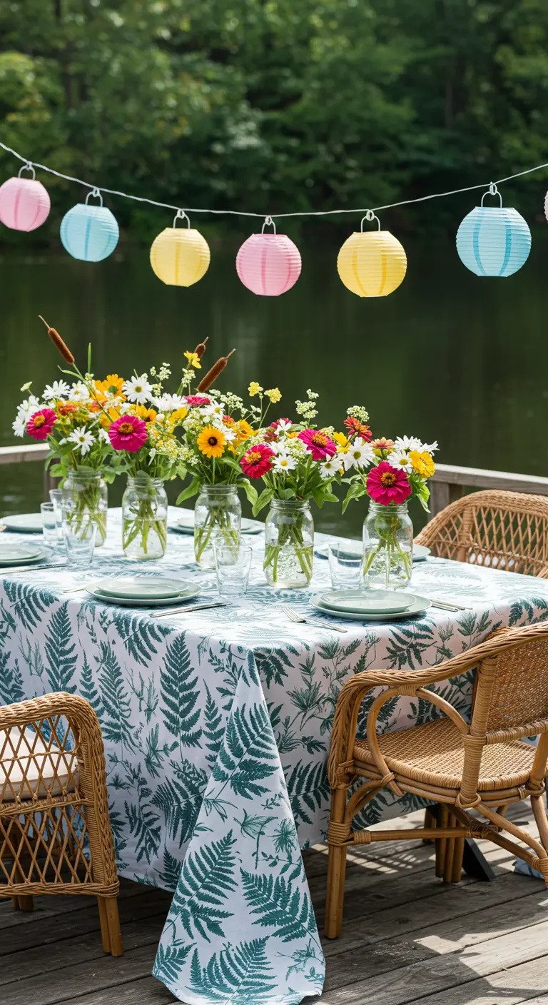 Table au bord d'un lac avec des lampions en papier colorés et des bouquets de fleurs sauvages.