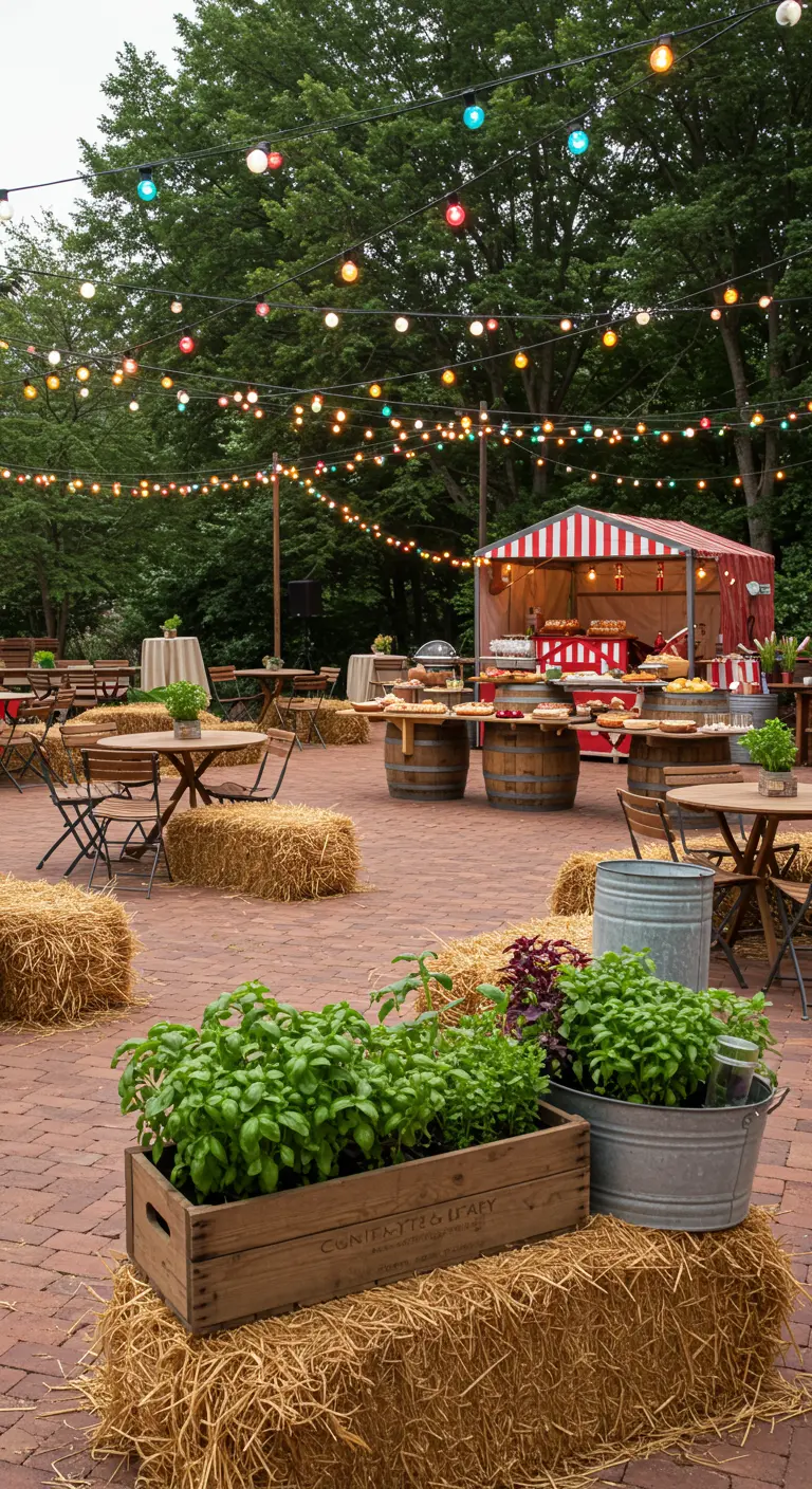 Fête champêtre avec guirlandes lumineuses, bottes de paille et tables en tonneaux.
