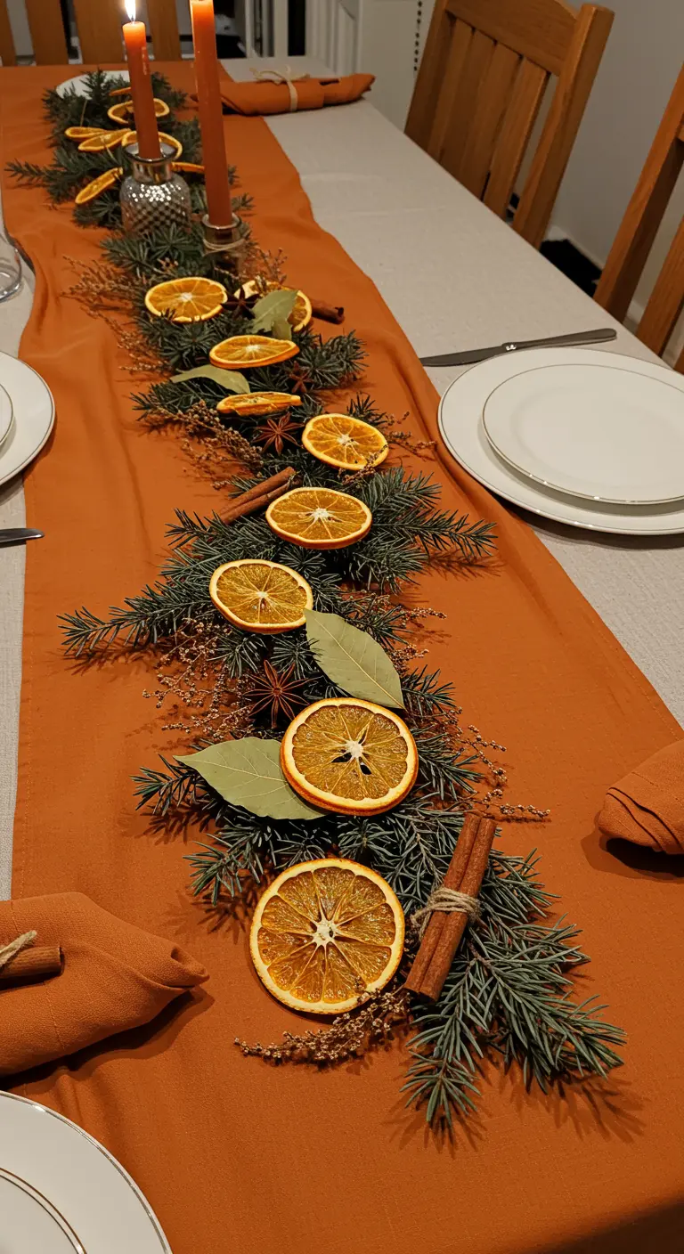 Chemin de table automnal avec branches de pin, rondelles d'oranges séchées et bâtons de cannelle.