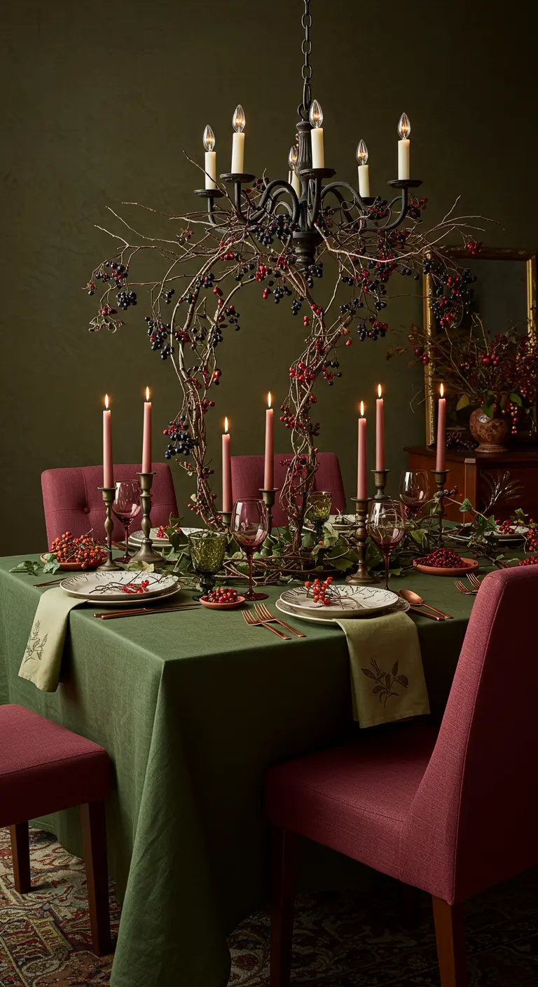 Table avec nappe verte, chaises bordeaux, bougeoirs roses et une couronne de branches et baies suspendue.