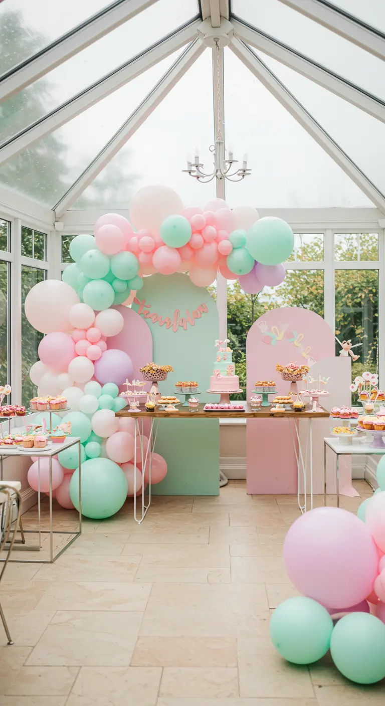 Grande arche de ballons pastel (rose, menthe) autour d'une table de desserts.