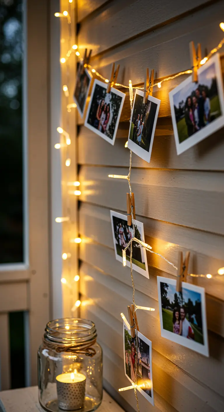 Guirlande lumineuse avec des photos de type Polaroïd accrochées par des pinces à linge.