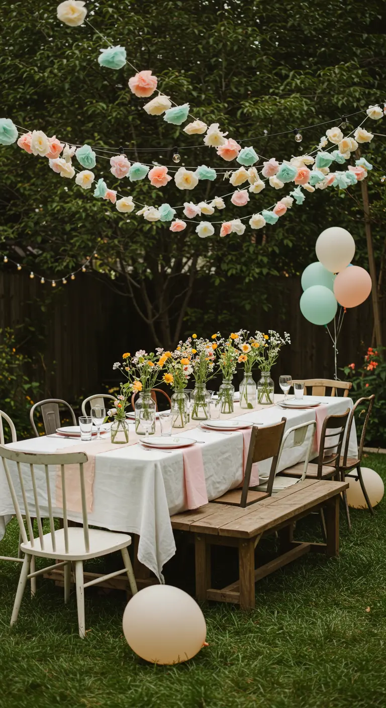 Table de fête extérieure avec guirlande de fleurs en papier pastel et petits bouquets de fleurs sauvages.
