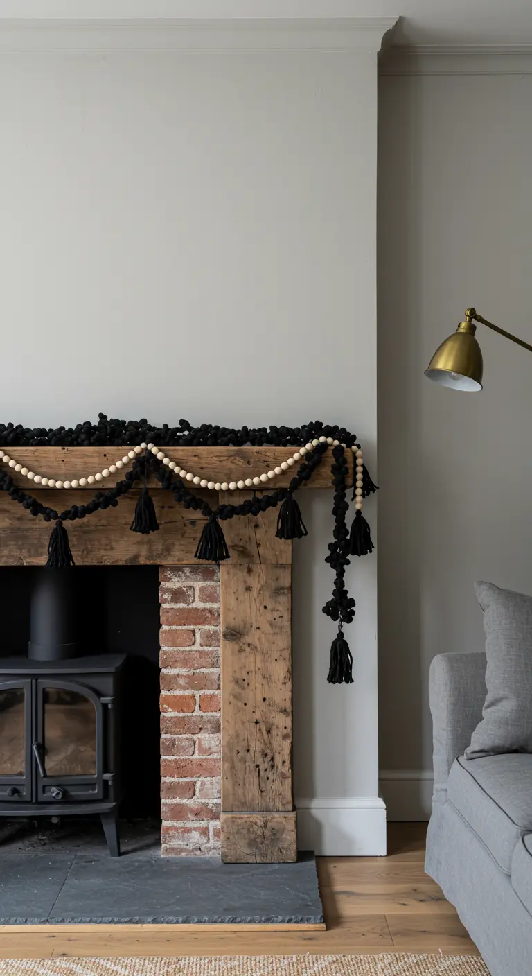 Une guirlande de pompons noirs et de perles en bois est drapée sur le manteau d'une cheminée rustique.