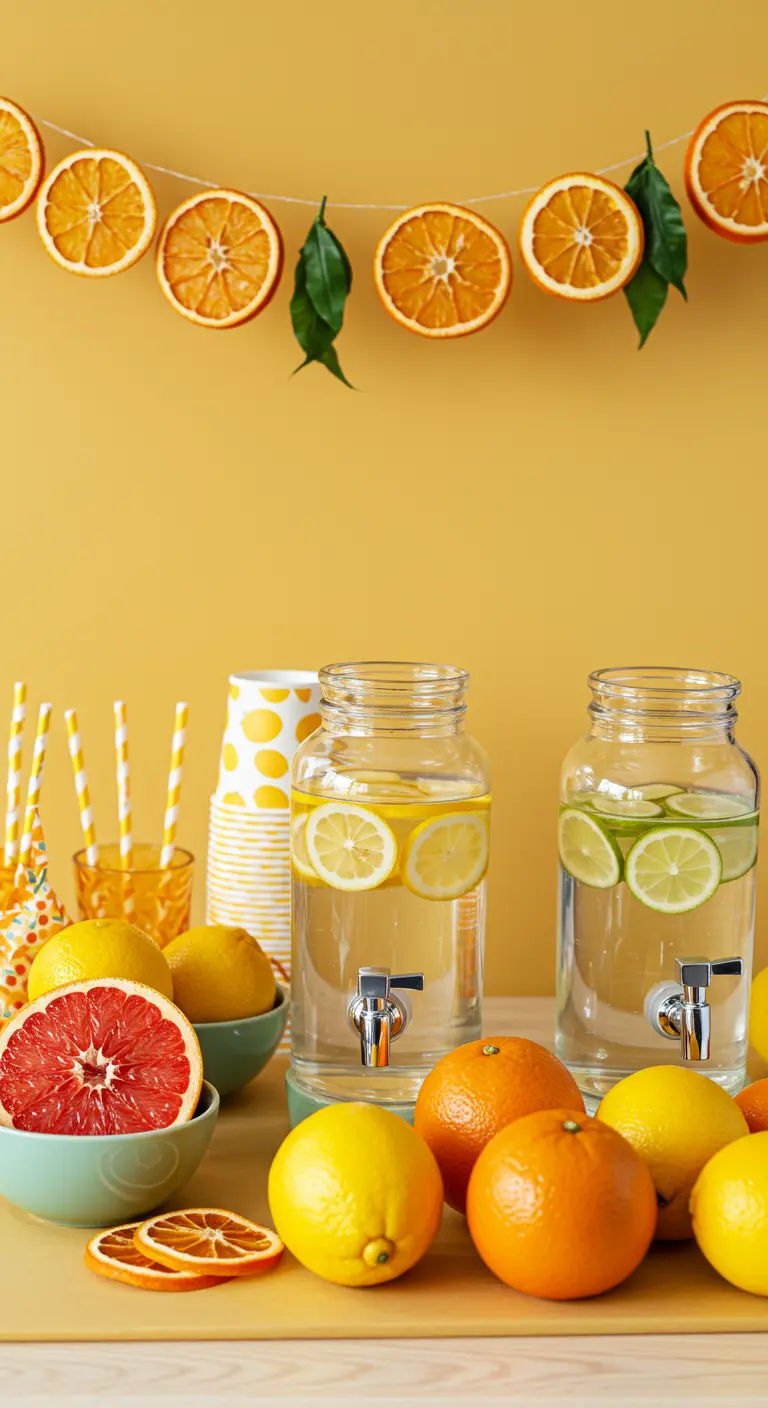 Bar à citronnade estival avec une guirlande d'agrumes séchés sur fond jaune.