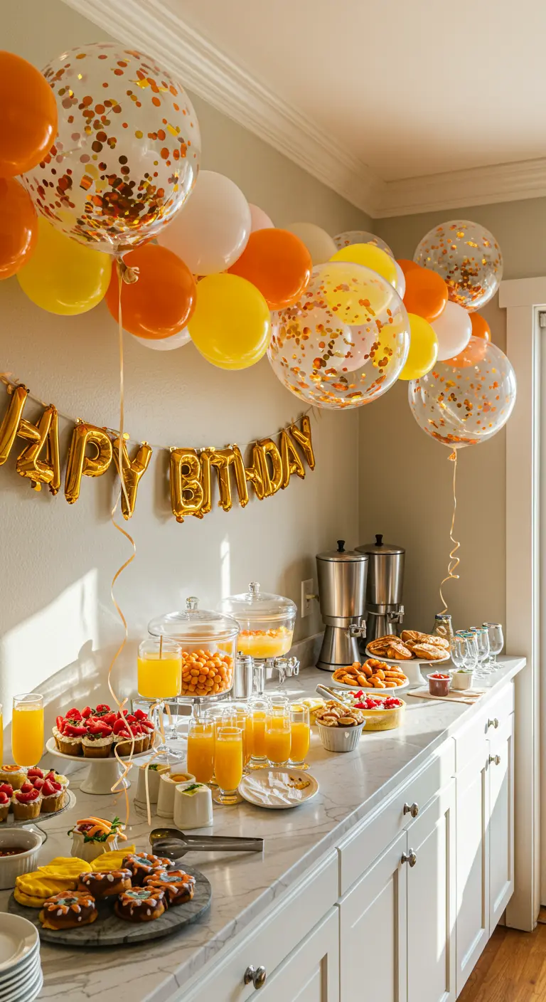 Guirlande de ballons orange, jaunes et à confettis au-dessus d'un buffet de brunch.