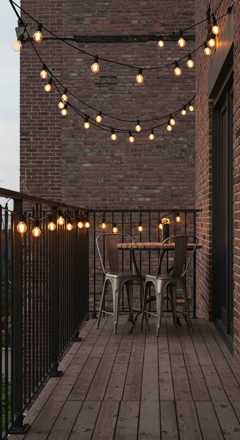 Petit balcon avec guirlandes d'ampoules suspendues, table et chaises bistrot en métal.