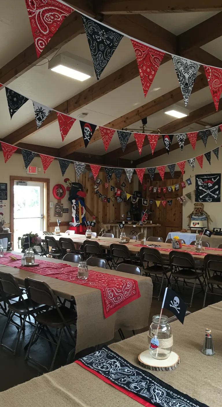 Salle de fête décorée avec des guirlandes de fanions faites de bandanas