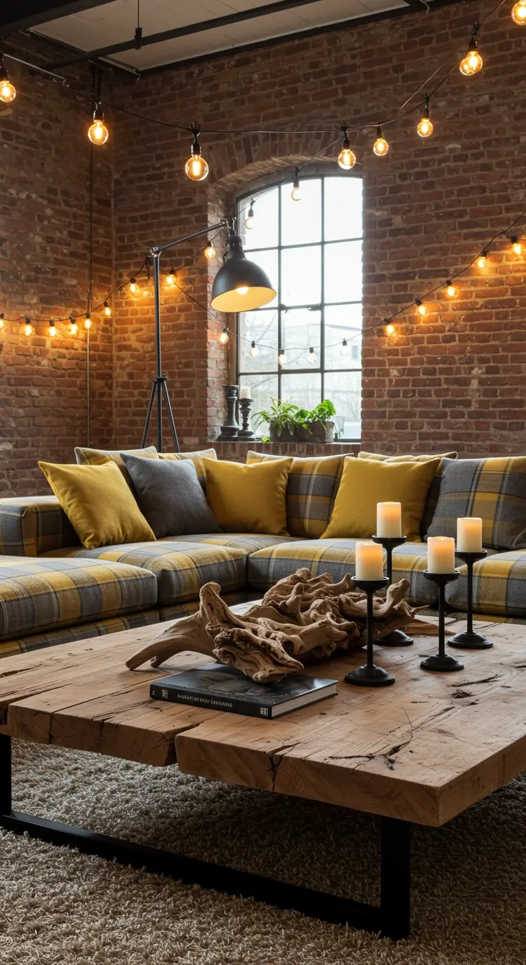 Salon industriel avec mur de briques, guirlandes lumineuses et table en bois.