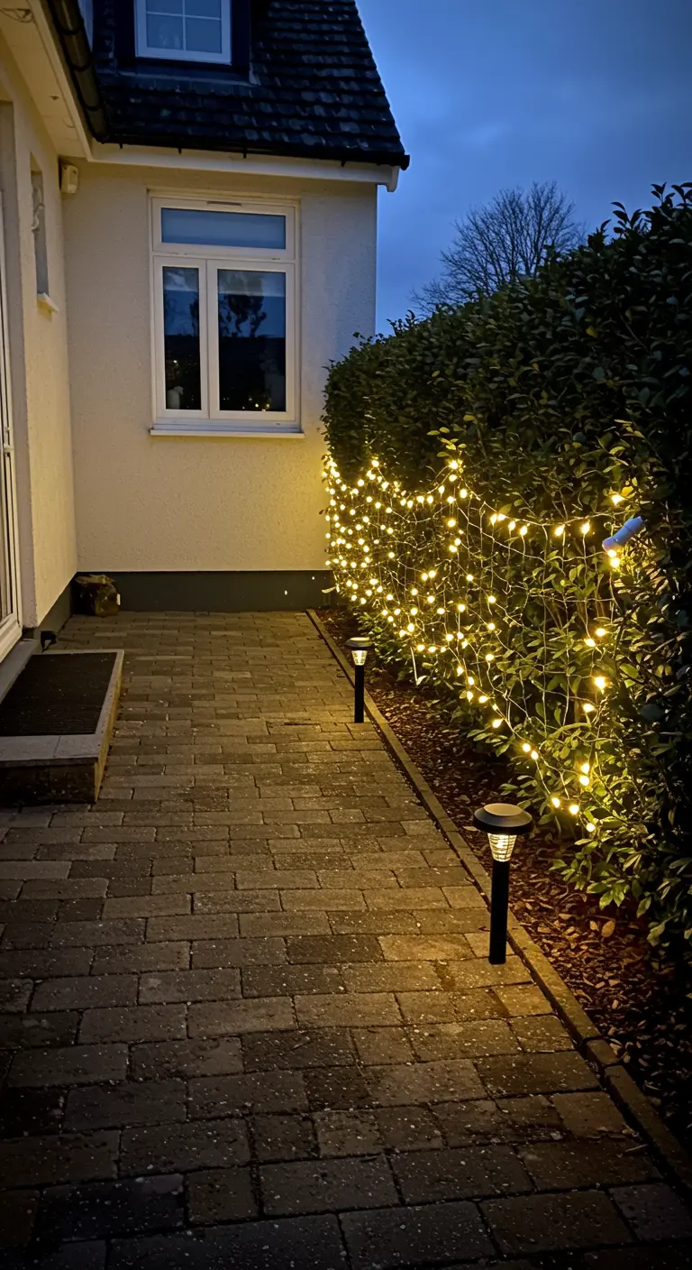 Chemin de dalles bordé d'une haie dense ornée de guirlandes lumineuses et de petits spots solaires.