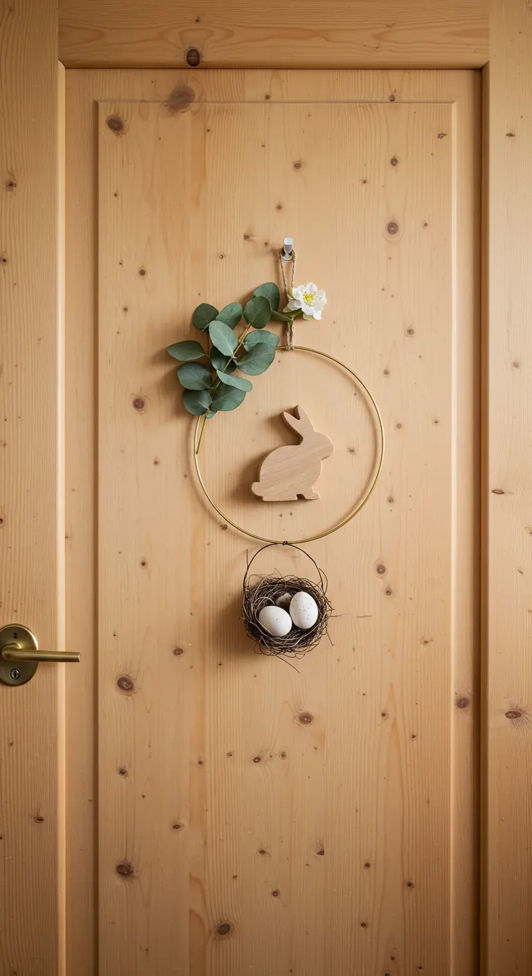 Décoration de Pâques minimaliste avec un cerceau doré sur porte en bois.