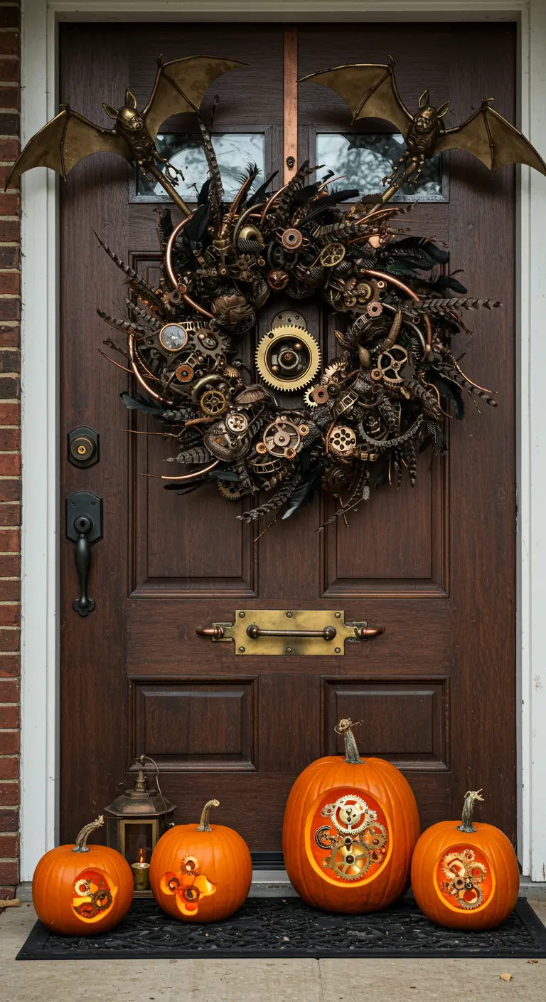 Décoration de porte Steampunk avec une couronne d'engrenages et des citrouilles sculptées.