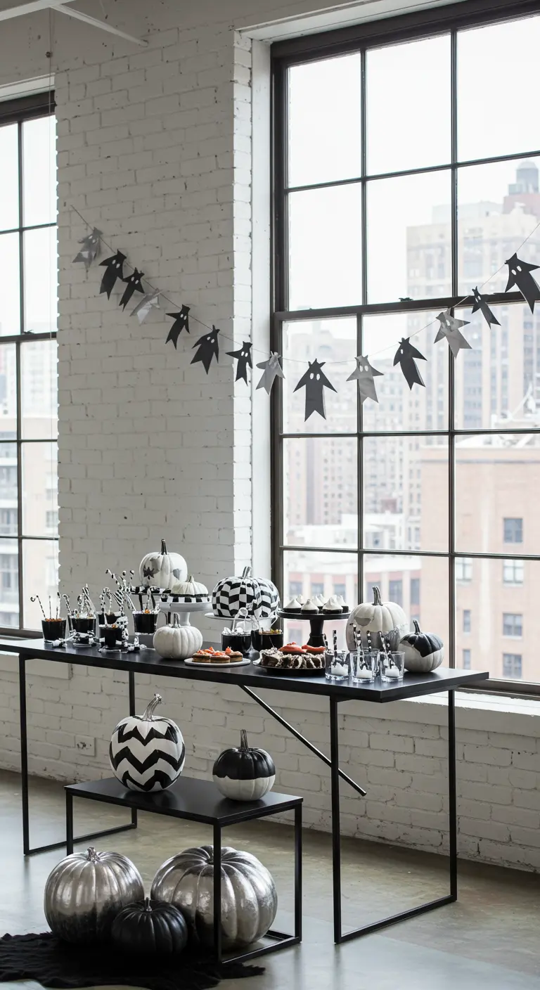 Buffet Halloween noir et blanc moderne avec citrouilles à motifs.