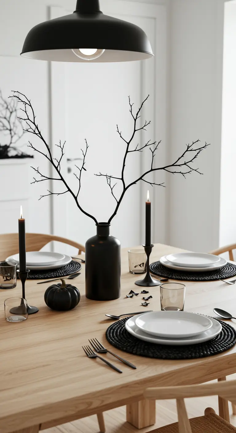 Table minimaliste avec des branches noires dans un vase et une citrouille noire.
