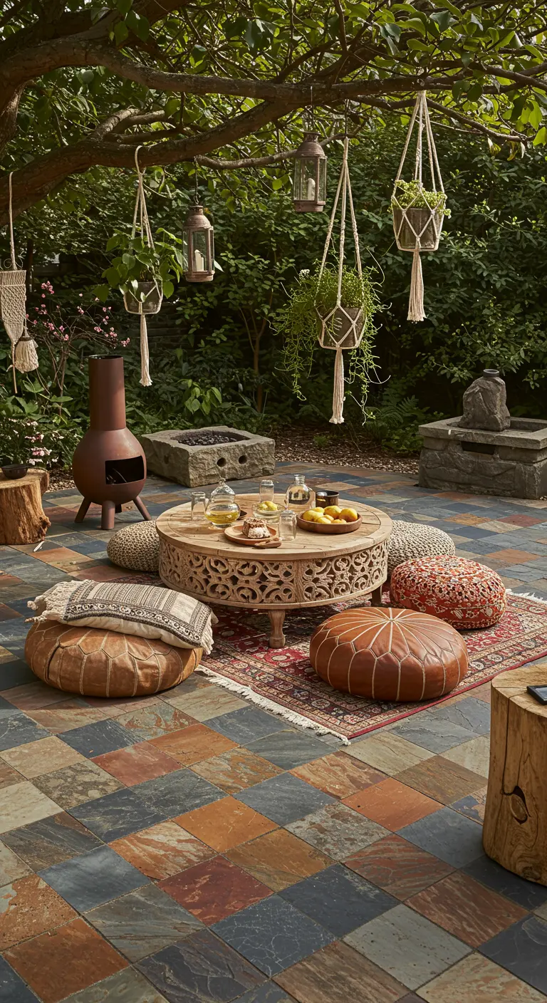 Ambiance repas au sol avec table basse en bois, poufs en cuir et tapis.