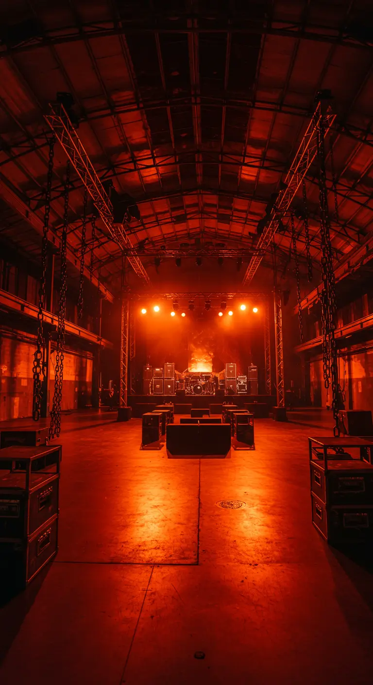 Scène de concert vide dans un hangar, baignée de lumière orange.