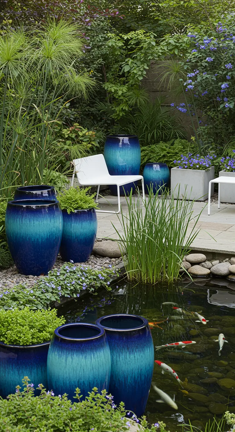 Jardin aquatique avec des pots bleus et turquoises dégradés, des carpes Koï dans un bassin et des plantes hautes.