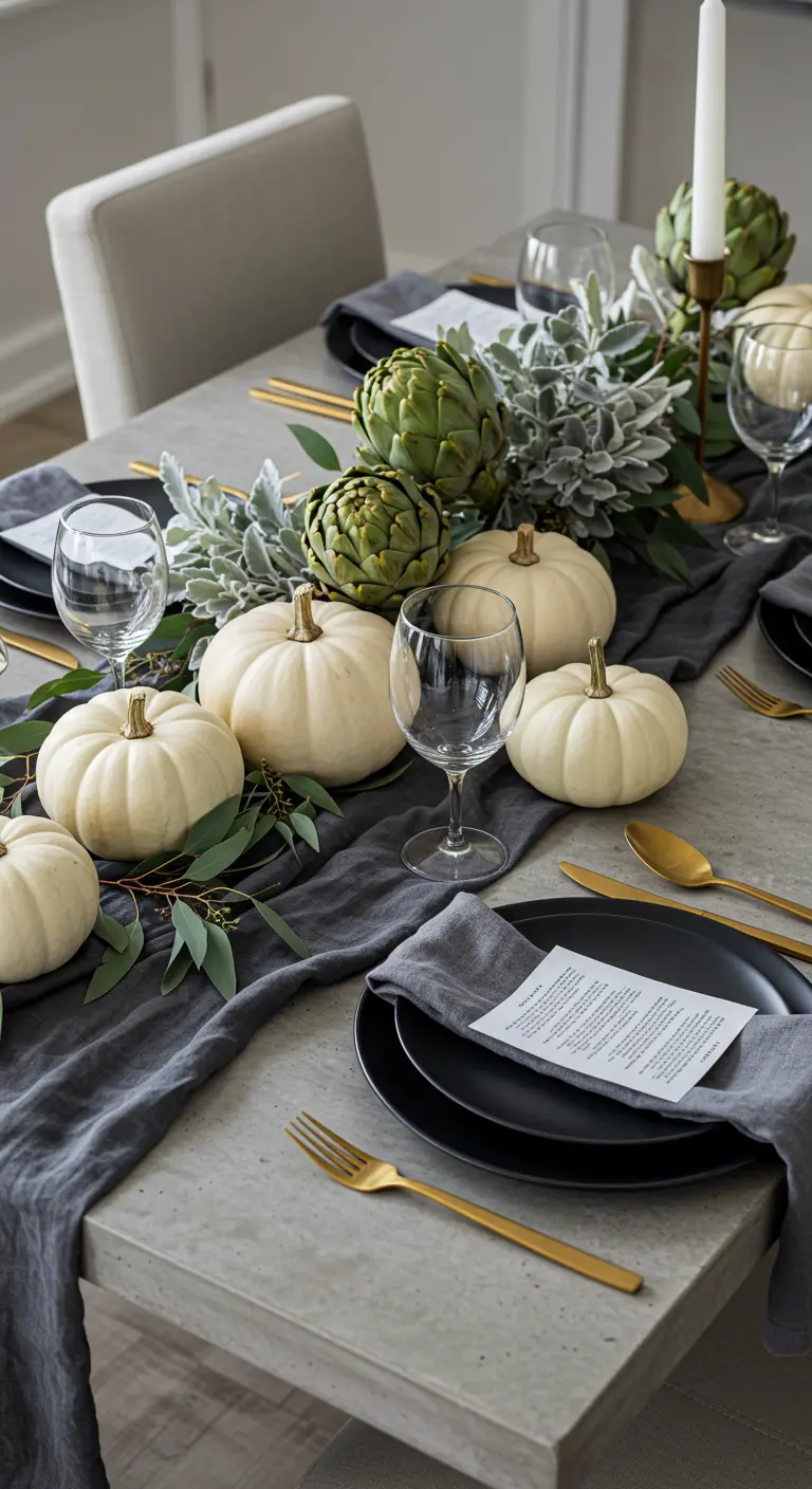 Table d'automne moderne avec des citrouilles blanches, des artichauts et de la vaisselle noire.