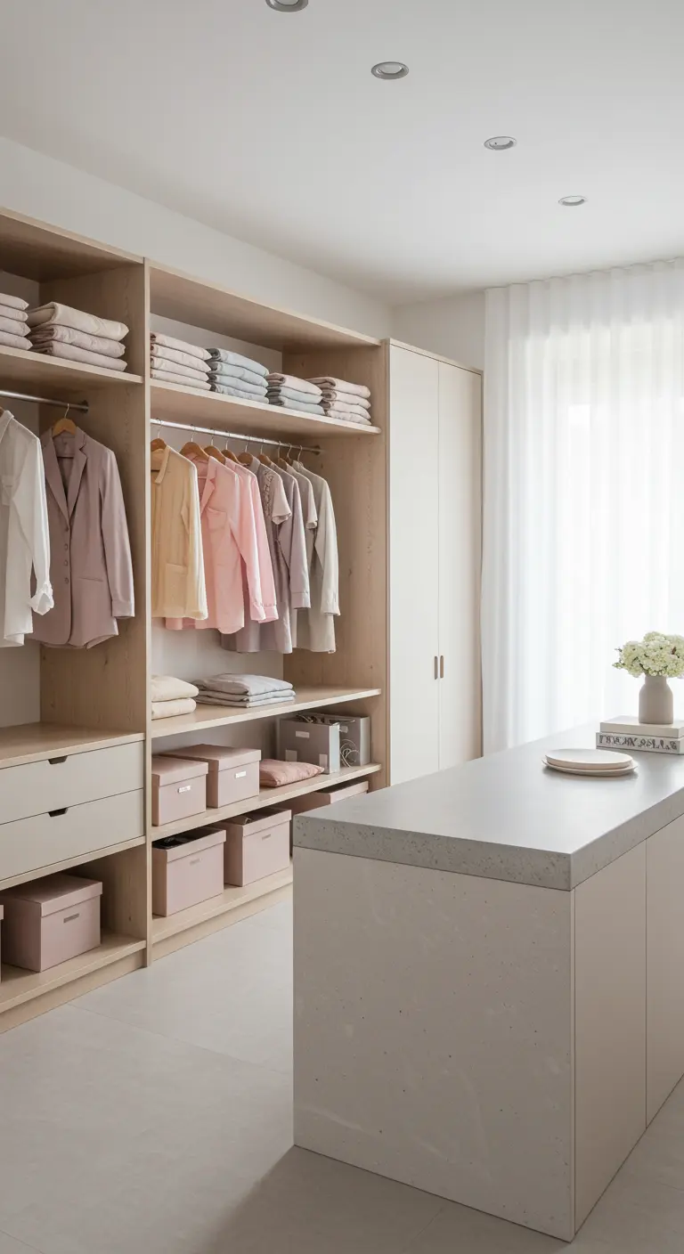 Dressing en bois clair avec vêtements organisés par couleur pastel, îlot central et boîtes de rangement.