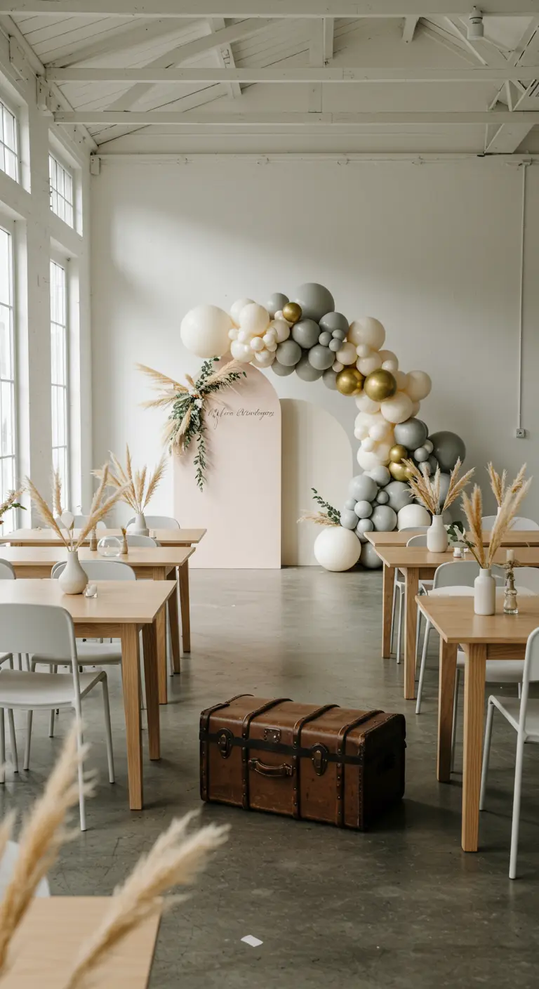 Grande salle lumineuse avec arche de ballons neutres, herbe de la pampa et valise vintage.