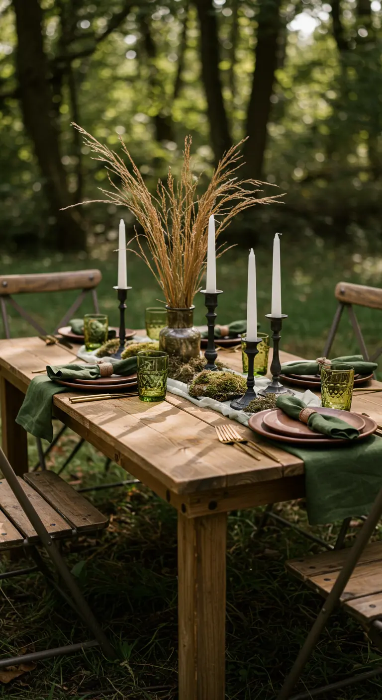 Table en bois en forêt, nappe verte, bougeoirs noirs, herbes séchées, mousse et verdure.